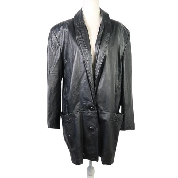 Vintage 80s Pelle Black Leather Mid-Length Blazer Jacket Oversized M - Picture 1 of 6